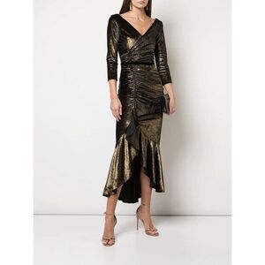 Marchesa Notte Metallic Foiled Gold Black Velvet Ruched Midi Dress Womens 2 NWT